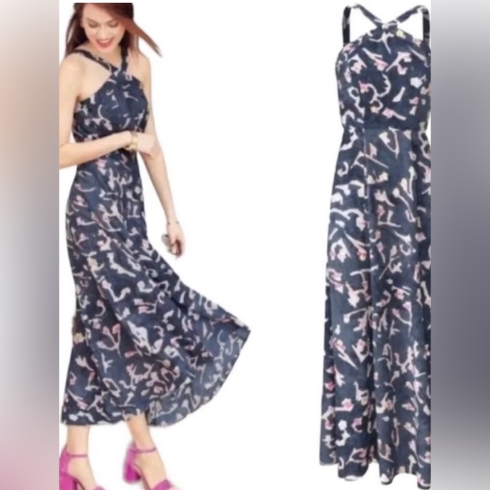 CABI #5269 Blue Floral Aurora Watercolor halter maxi dress, size 8